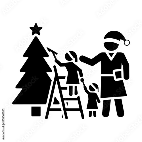 Family Decorating Christmas Tree with Ladder and Star Icon
