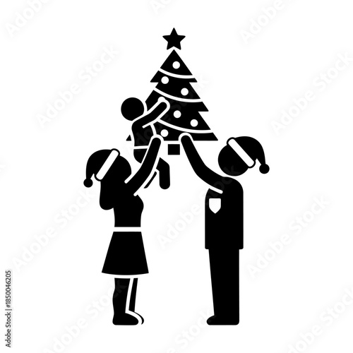 Minimalist Black Silhouette of Family Decorating Christmas Tree Icon