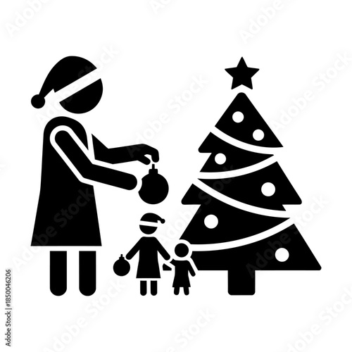 Black Silhouette Icon of Family Decorating Christmas Tree with Ornaments