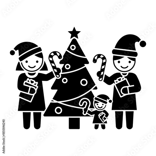 Monochromatic Christmas Family Celebration with Tree and Gifts Icon