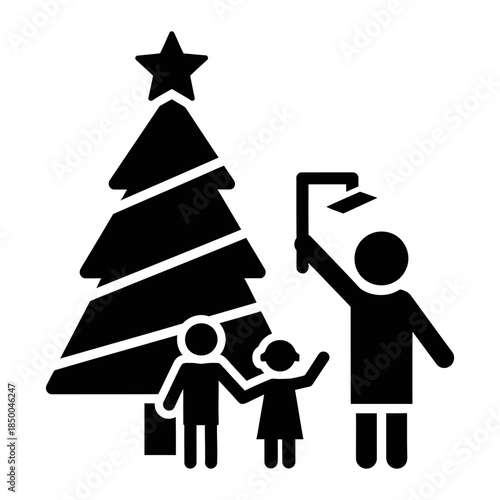 Flat Solid Icon Featuring Christmas Tree, Kids, and Adult Silhouette