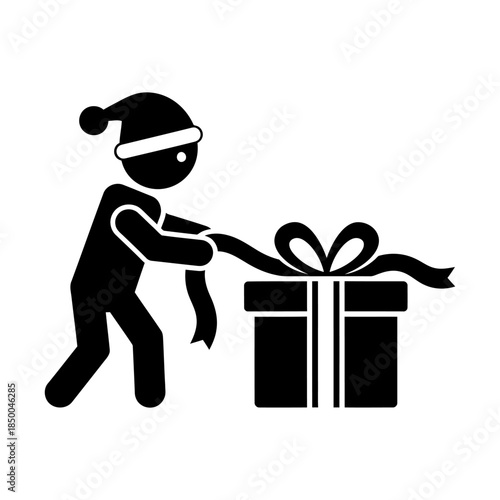 Black Icon of Person in Santa Hat Wrapping Gift