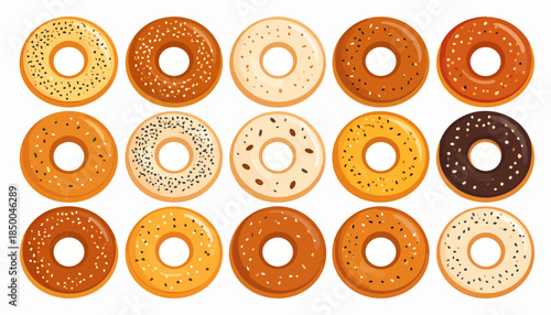 A vibrant collection of various bagels with different toppings, including sesame, poppy, and everything seasoning, arranged neatly on a clean white background.