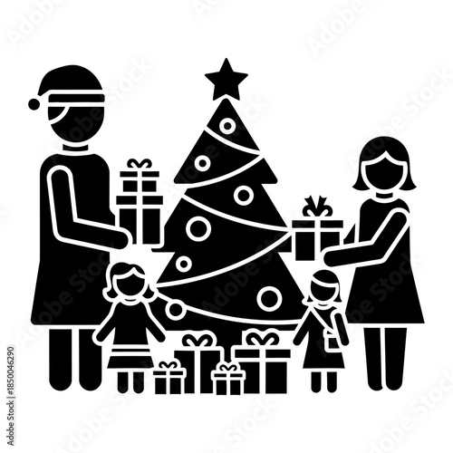 Festive Family with Christmas Tree and Gifts Silhouette Icon