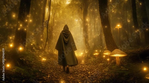Mysterious figure in cloak walks through illuminated forest at dusk