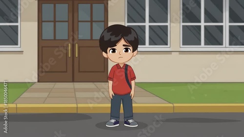 Sad boy standing outside school building cartoon illustration