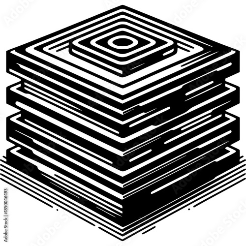 Geometric Stacked Squares: An abstract isometric view of stacked squares create a sense of depth and structure, this design features a bold, monochrome palette, focusing on graphic elegance. 