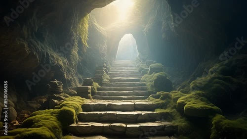 Stone steps leading to light inside a dark cave environment