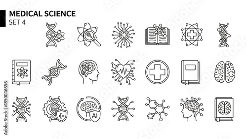 Sleek Solid Line Art Icons Illustrating Advanced Medical Science, Biotechnology, Genetic Research, and Healthcare Innovation for Modern Digital Interface Design Projects