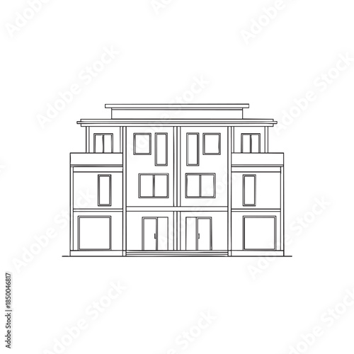Modern multistory building architectural line drawing isolated on transparent background