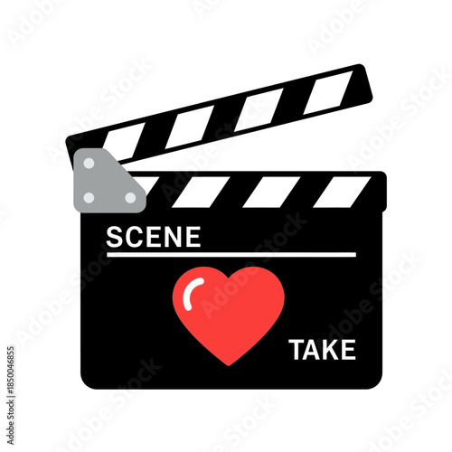 Black clapperboard with a red heart icon for film and love concepts.
