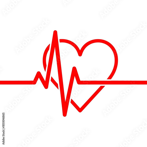 A vibrant red heart symbol intertwined with an electrocardiogram heartbeat line on a clean white background, representing health and medical care.