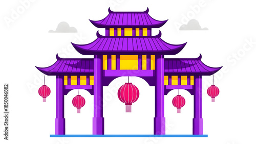 Illustration of a purple chinese gate with red lanterns on transparent background