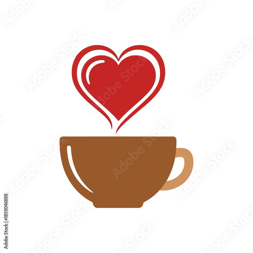 A brown coffee cup with a red heart shape and steam rising above it, symbolizing love for coffee.