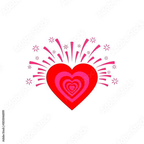Vibrant red heart with concentric pink layers and radiating pink sparkles, symbolizing love, joy, and celebration on a white background.