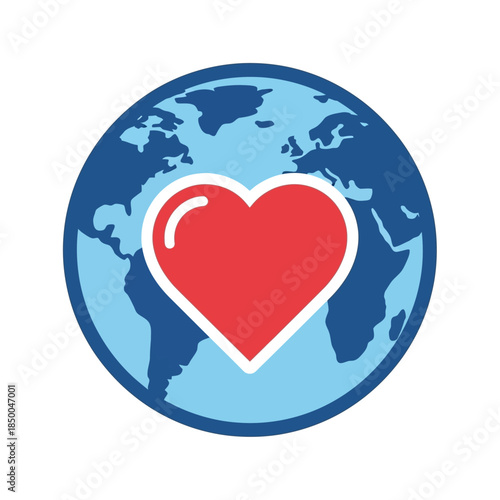A vibrant red heart centered on a blue globe, symbolizing global love, health, and interconnectedness.