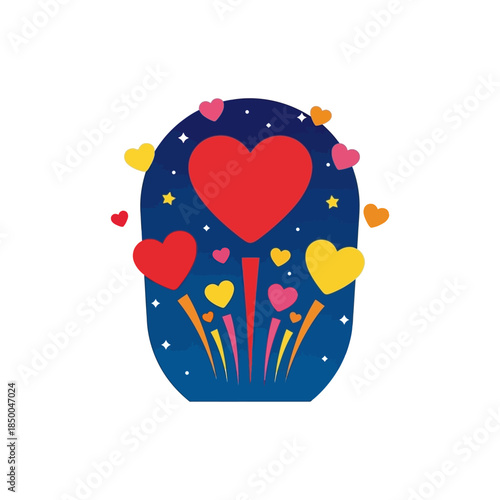 A vibrant illustration of hearts resembling fireworks bursting in a night sky with stars, symbolizing love and celebration.
