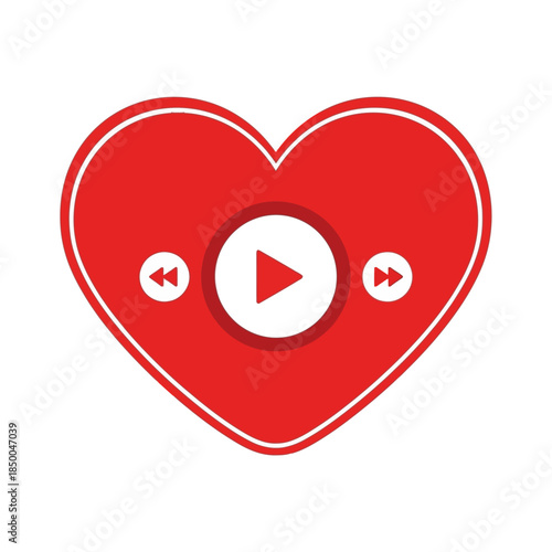 A vibrant red heart icon featuring white music player controls for play, skip forward, and skip backward.
