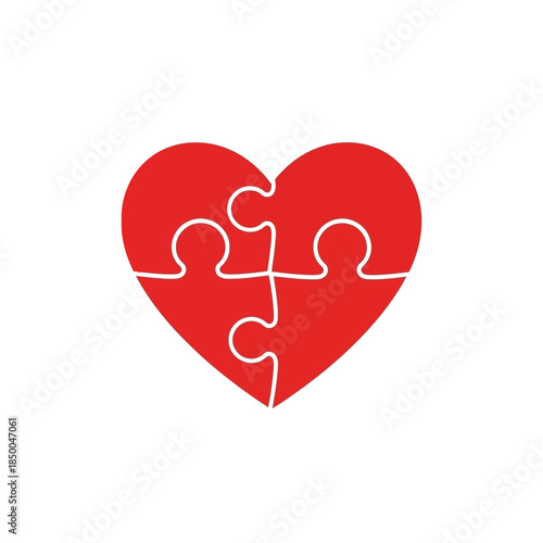 Red heart shape formed by three interlocking puzzle pieces on a white background, symbolizing connection, love, and unity.