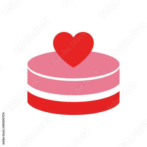A simple graphic illustration of a two-tiered pink and red cake topped with a red heart, symbolizing love or celebration.