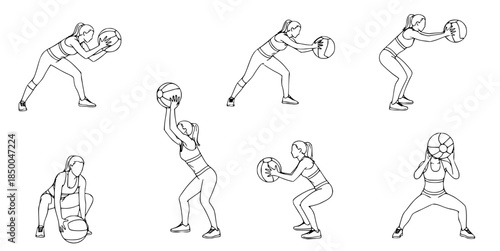Fitness Illustration Showing Woman Performing Medicine Ball Exercises