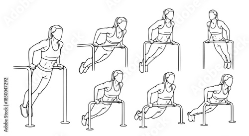 Woman performing dips exercise on parallel bars for upper body strength