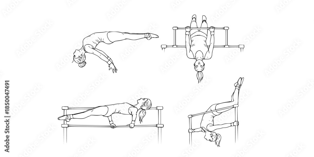 Obraz premium Gymnast performing various exercises on parallel bars