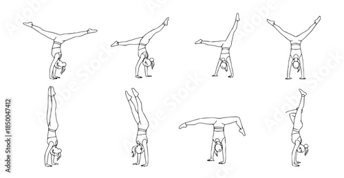 Dynamic collection of handstand and cartwheel poses, illustrating gymnastic training, fitness, and acrobatic skills with graceful movement