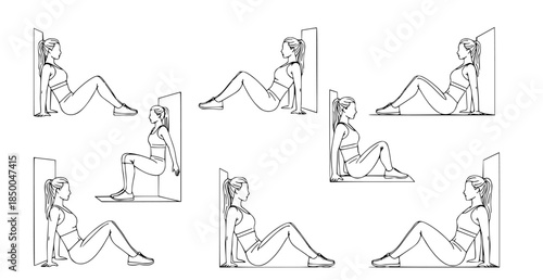 Line art illustrations showing a woman performing various wall exercises and fitness routines for strength training and body conditioning