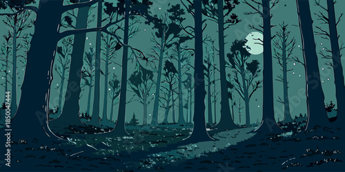 Moody Night Forest Landscape with Tall Tree Silhouettes and Winding Path under Moonlight