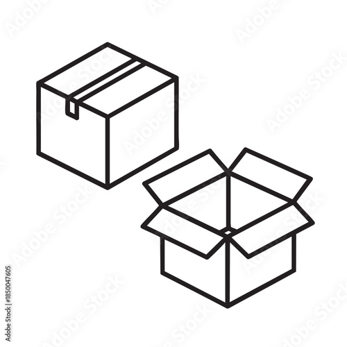 Open and closed cardboard boxes in a minimalist line drawing