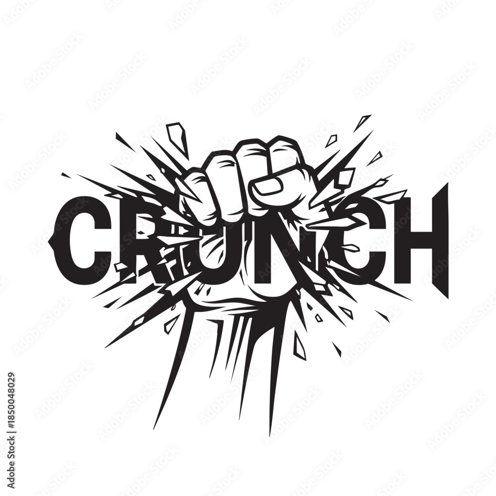 Obraz premium Powerful and bold clenched fist breaking through the word crunch