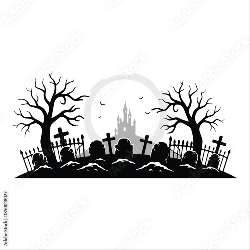 Spooky Halloween graveyard silhouette with tombstones, dead trees, and a haunted castle.
