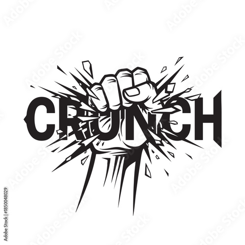 Powerful and bold clenched fist breaking through the word crunch