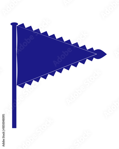 A decorative dark blue triangular pennant featuring serrated edges and a leaf-shaped tip attached to a simple vertical flagpole