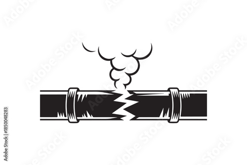 Broken Pipe Vector Illustration Showing Cracked Pipeline With Smoke Damage, Industrial Leakage Symbol, Black and White Minimal Design for Plumbing, Construction, Repair, Warning and Hazard Concepts