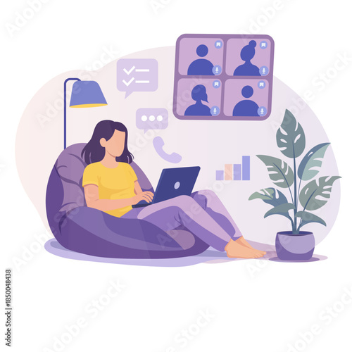 Vector design Woman using AI tool on laptop to generate content	
