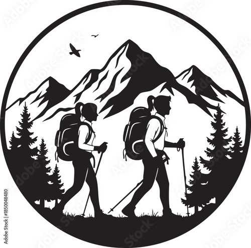hikers walking in the mountains with backpacks and trekking poles