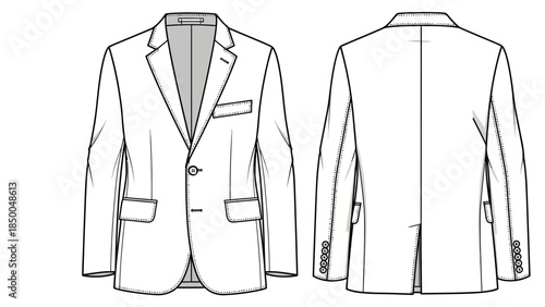 Men's Formal Suit Jacket Fashion Flat Sketch with Notch Lapel and Flap Pockets Vector