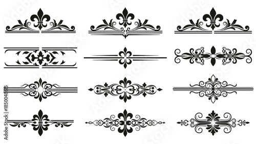 Vintage Fleur de Lis Ornament Set with Baroque Style Decorative Dividers and Royal Flourish Elements
