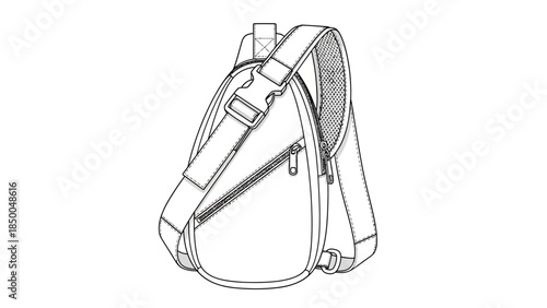 Teardrop Sling Backpack Fashion Flat Sketch with Crossbody Strap and Utility Zipper Vector