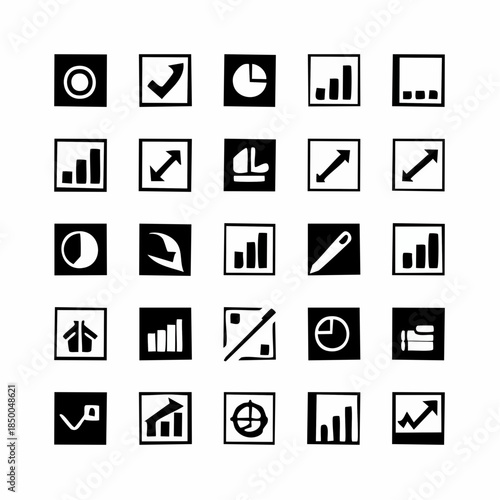 Modern business and dashboard glyph icons representing data analysis, growth, and progress with a minimalist monochrome design