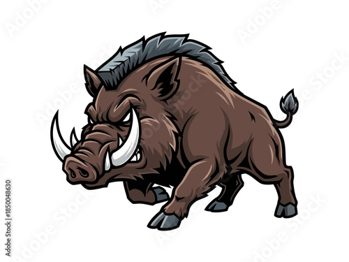 Angry Wild Boar Mascot Illustration Charging with Large Tusks and Mohawk Mane Vector