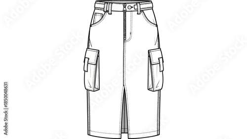 Women's Cargo Denim Skirt Fashion Flat Sketch with Utility Pockets and Front Split Vector