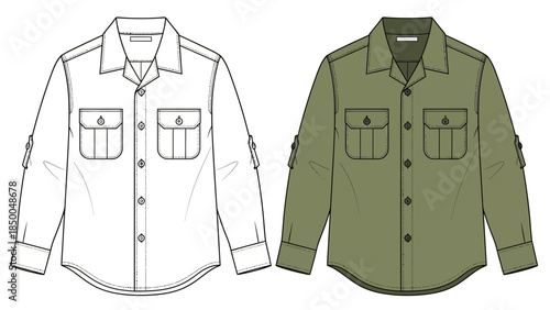 Men's Safari Utility Shirt Fashion Flat Sketch with Cargo Pockets and Roll-Up Sleeves Vector