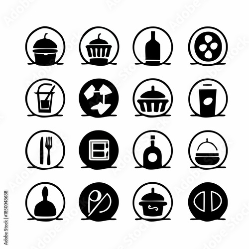 Minimalist black and white vector icons representing food, drinks, and dining essentials in a clean, modern glyph style for versatile graphic design applications