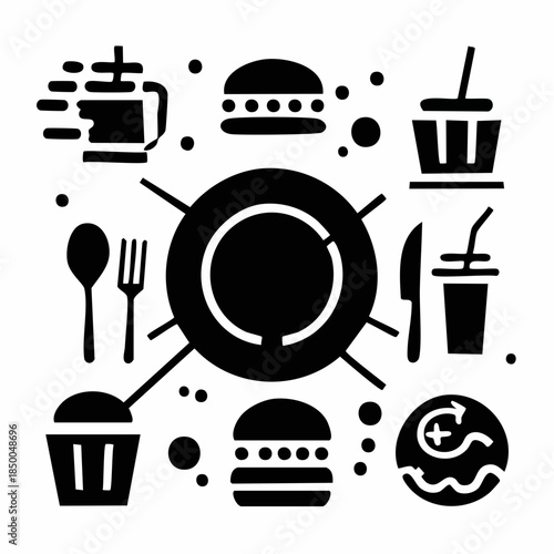 Solid black vector icon set for food and beverages. Minimalist glyphs depicting fast food, drinks, and desserts, ideal for modern menu and app designs