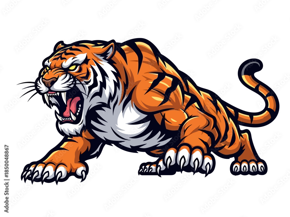 Obraz premium Powerful Bengal Tiger Mascot Crouching and Roaring Vector Illustration for Sports Teams