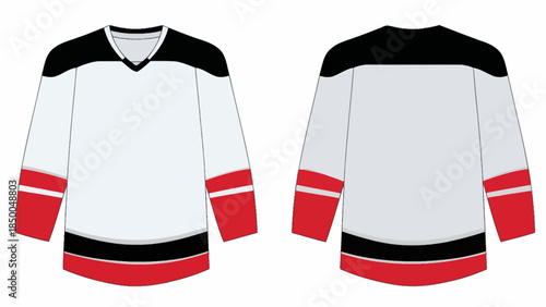 Blank ice hockey jersey template mockup in white, red, and black, front and back view of professional sports team uniform, long sleeve athletic apparel technical flat sketch.