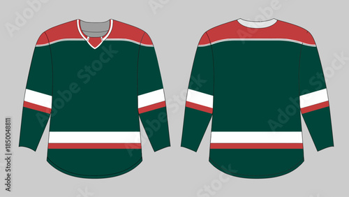 Photography Blank ice hockey jersey template mockup in forest green, red, and white, front and back view of professional sports team uniform, long sleeve athletic apparel technical flat sketch